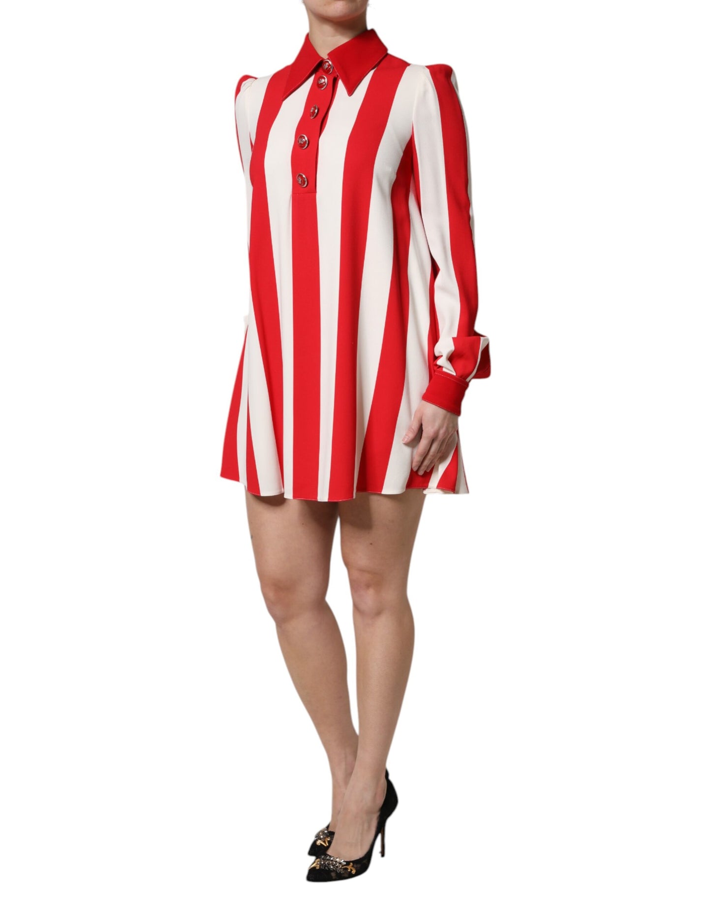 White Red Stripes Long Sleeves Mini Dress-Dolce & Gabbana-LabelTerrace.com