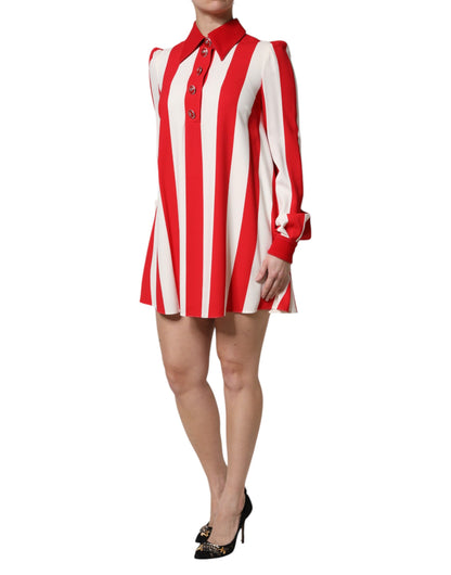 White Red Stripes Long Sleeves Mini Dress-Dolce & Gabbana-LabelTerrace.com