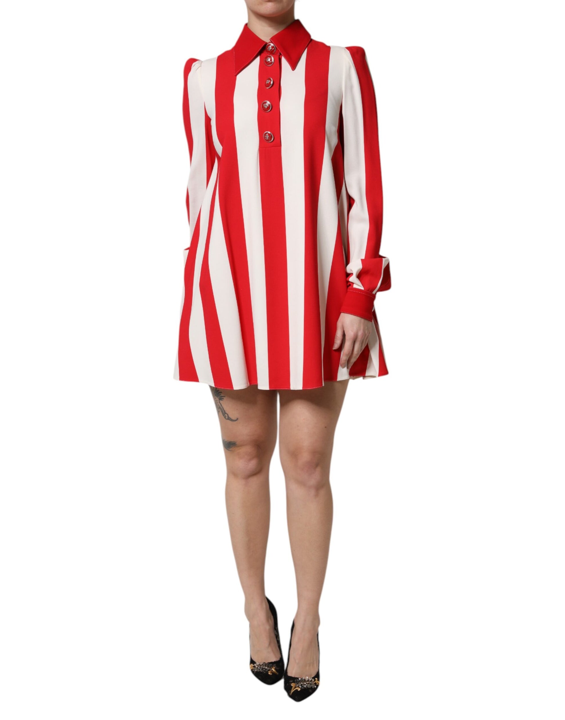 White Red Stripes Long Sleeves Mini Dress-Dolce & Gabbana-LabelTerrace.com