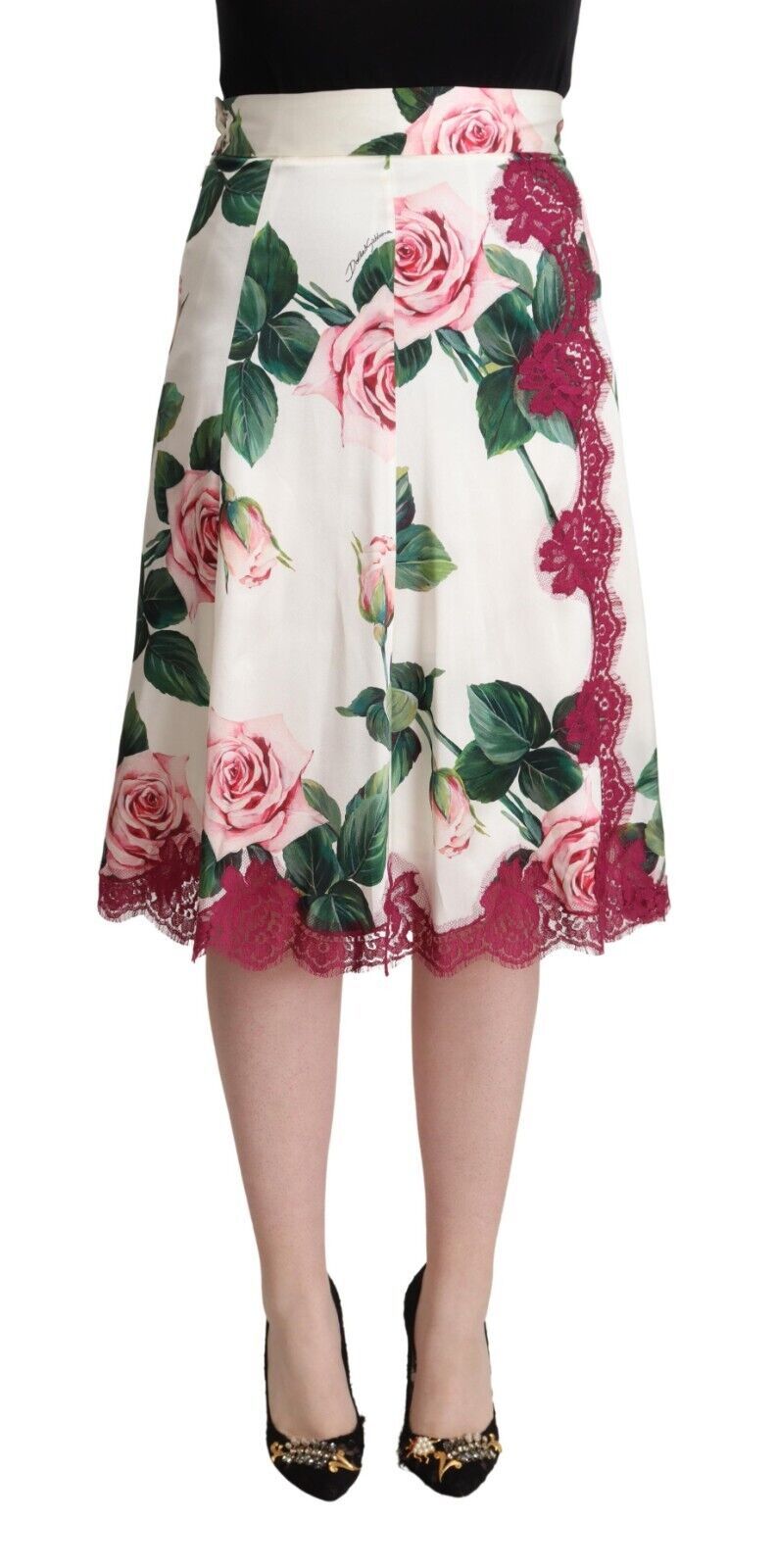 White Rose Print High Waist Midi A-line Skirt-Dolce & Gabbana-LabelTerrace.com