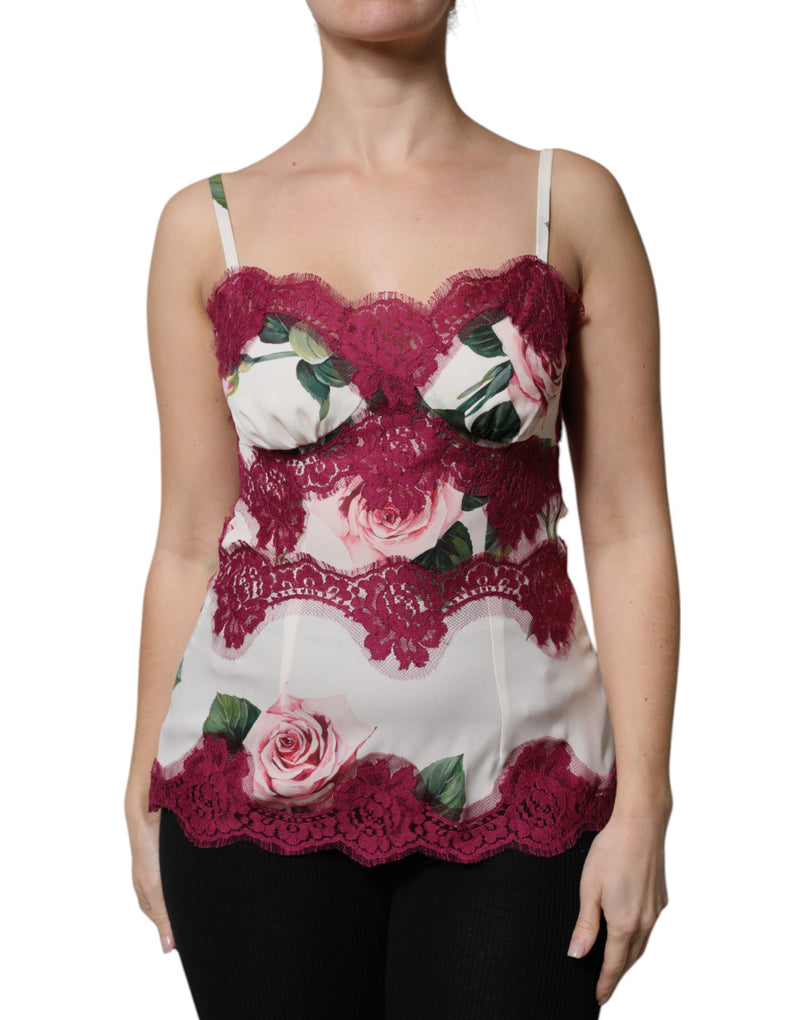 White Rose Print Satin Lace Tank Top Lingerie-Dolce & Gabbana-LabelTerrace.com