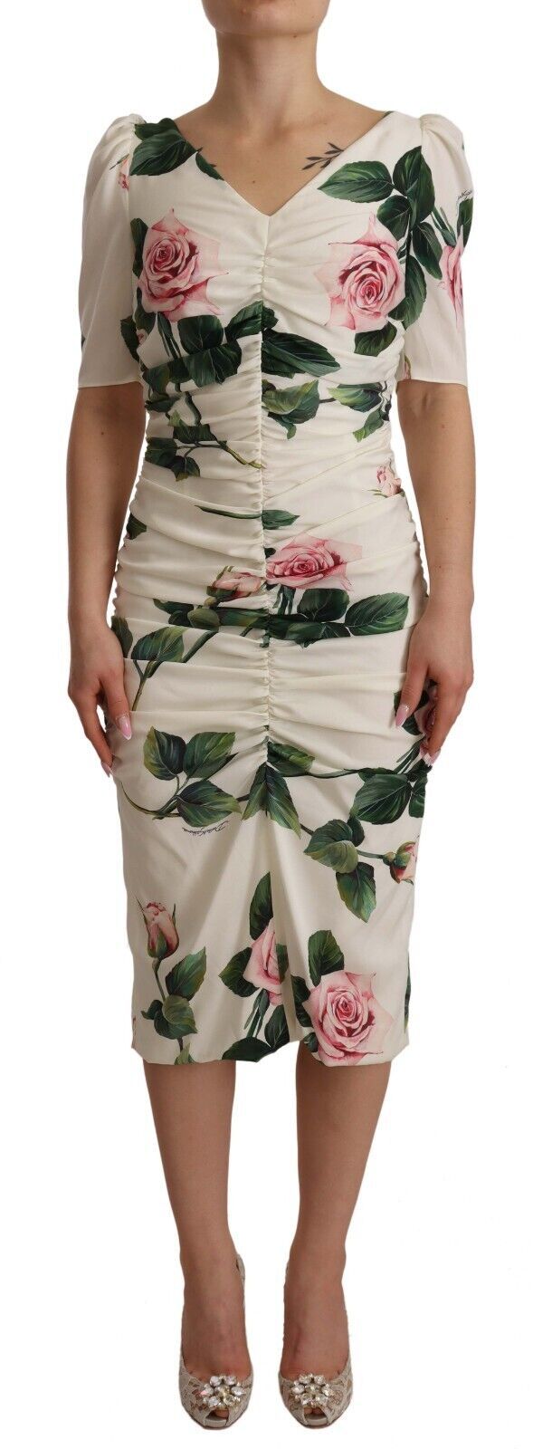 White Roses Print Stretch Silk Pleated Dress-Dolce & Gabbana-LabelTerrace.com