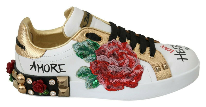 White Roses Sequined Crystal Womens Sneakers Shoes-Dolce & Gabbana-LabelTerrace.com