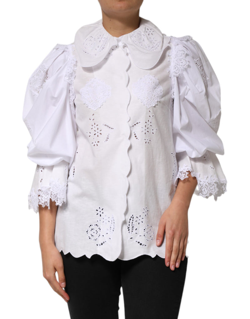 White Ruffled Lace Embellished Blouse Top-Dolce & Gabbana-LabelTerrace.com