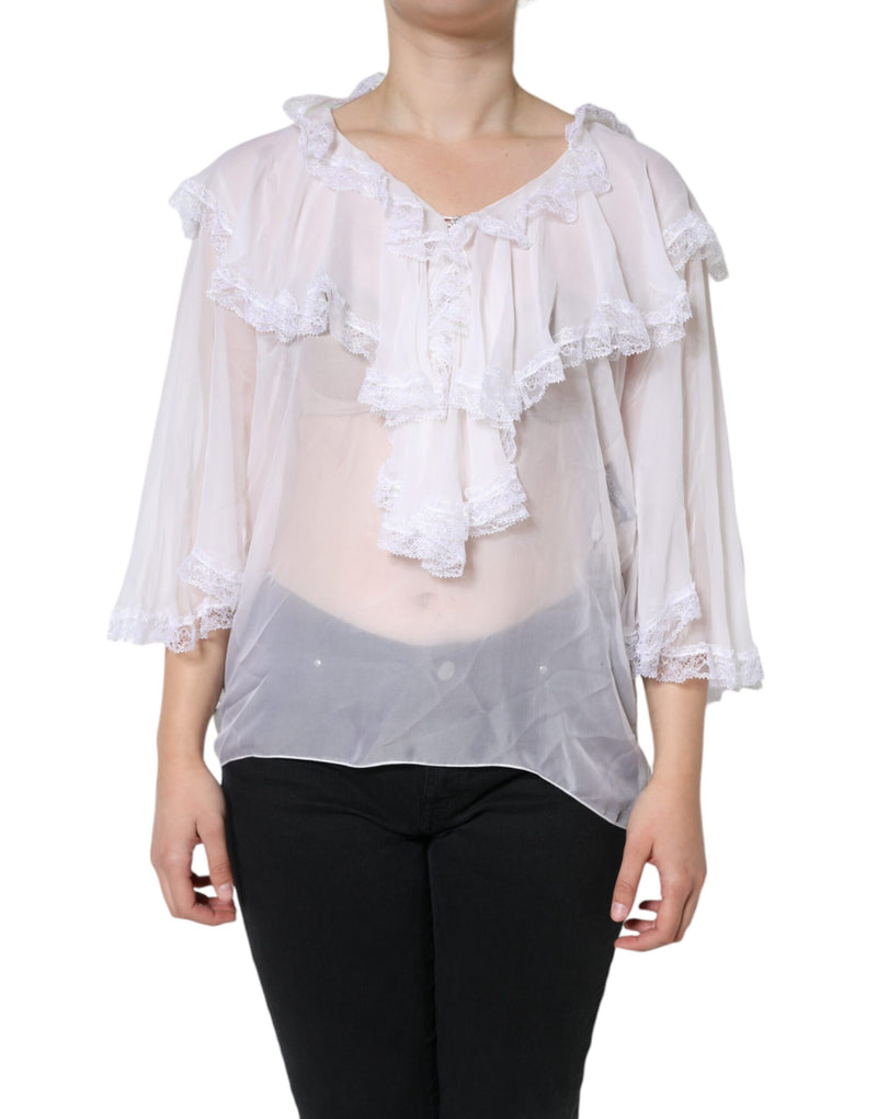 White Ruffles Lace Long Sleeve Blouse Top-Dolce & Gabbana-LabelTerrace.com