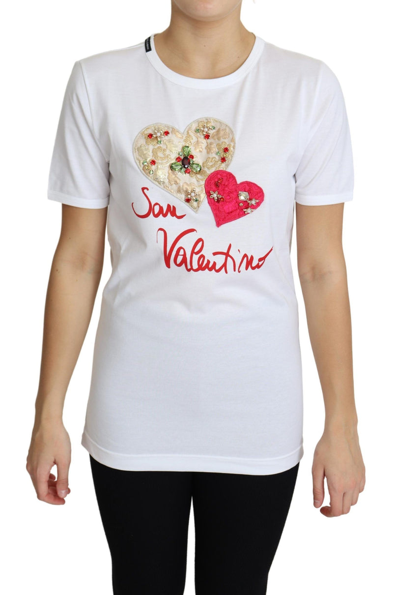White San Valentino Heart Crystals T-shirt Top-Dolce & Gabbana-LabelTerrace.com
