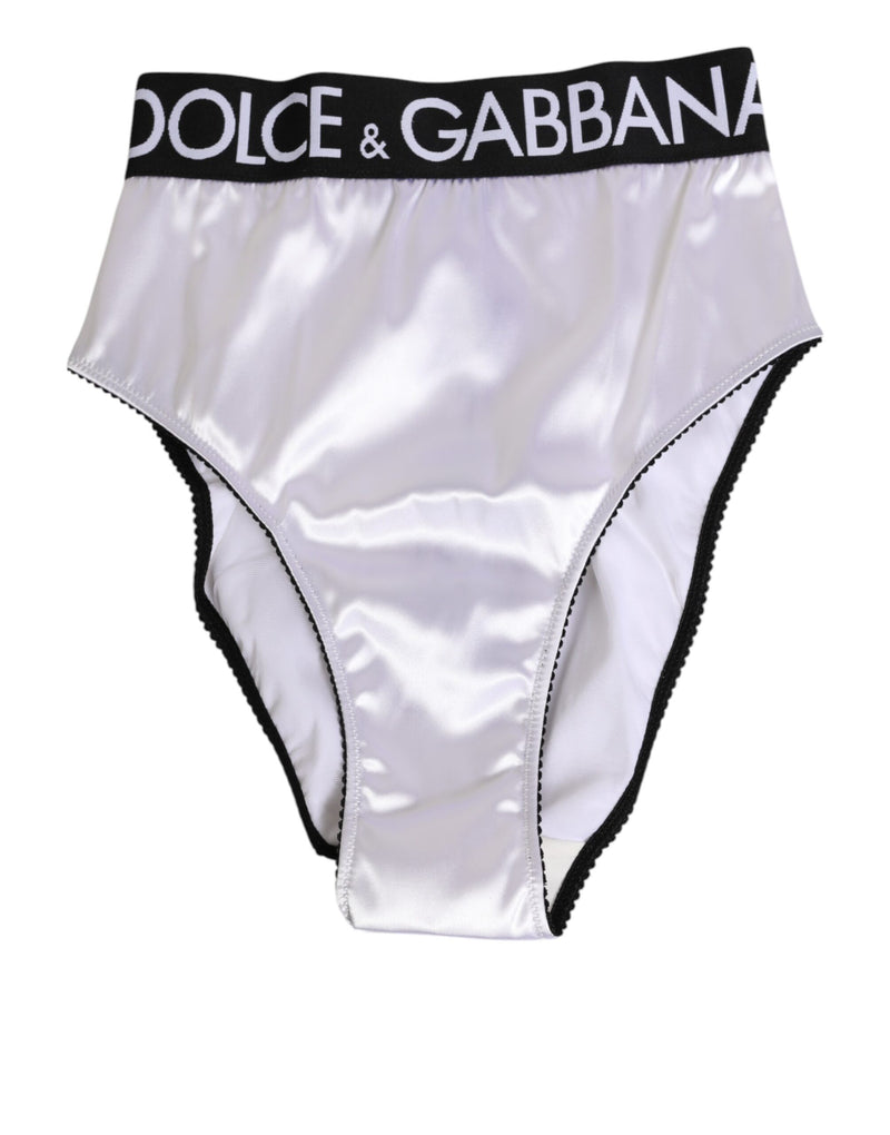 White Satin High-Waist Black Logo Women Underwear-Dolce & Gabbana-LabelTerrace.com