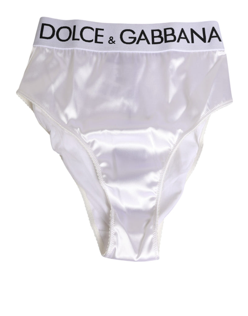White Satin High-Waist Brief Logo Women Underwear-Dolce & Gabbana-LabelTerrace.com
