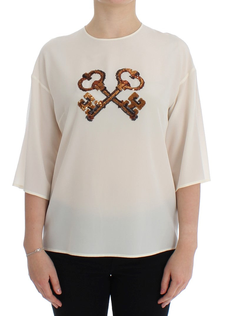 White Sequined Key Silk Blouse T-shirt Top-Dolce & Gabbana-LabelTerrace.com