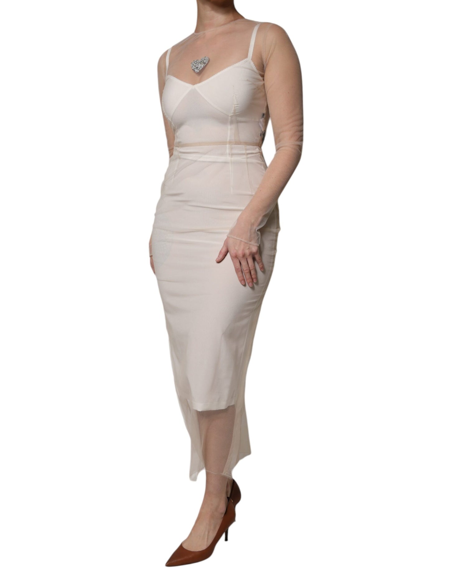 White Sheer Tulle Bustier Bodycon Midi Dress-Dolce & Gabbana-LabelTerrace.com