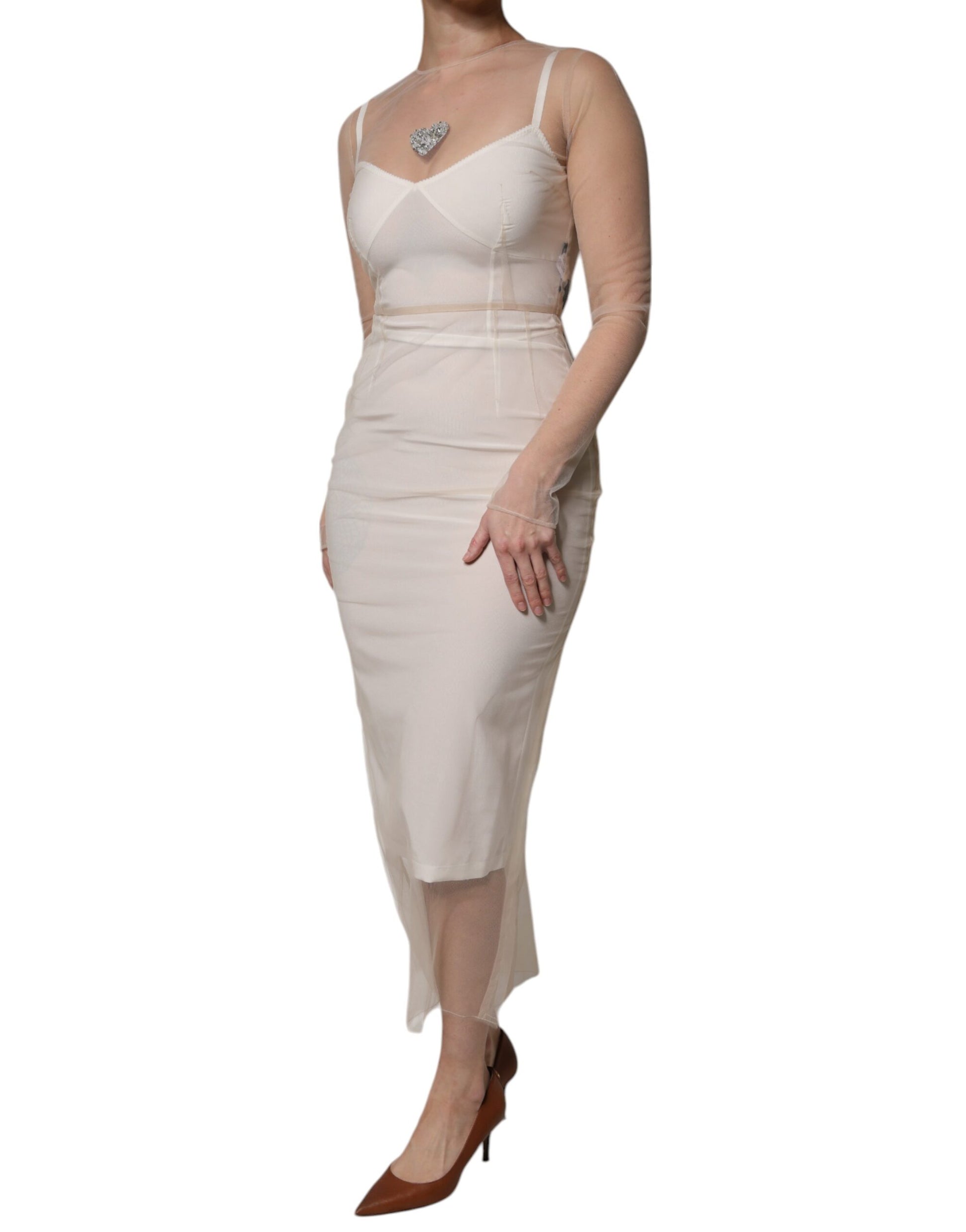 White Sheer Tulle Bustier Bodycon Midi Dress-Dolce & Gabbana-LabelTerrace.com