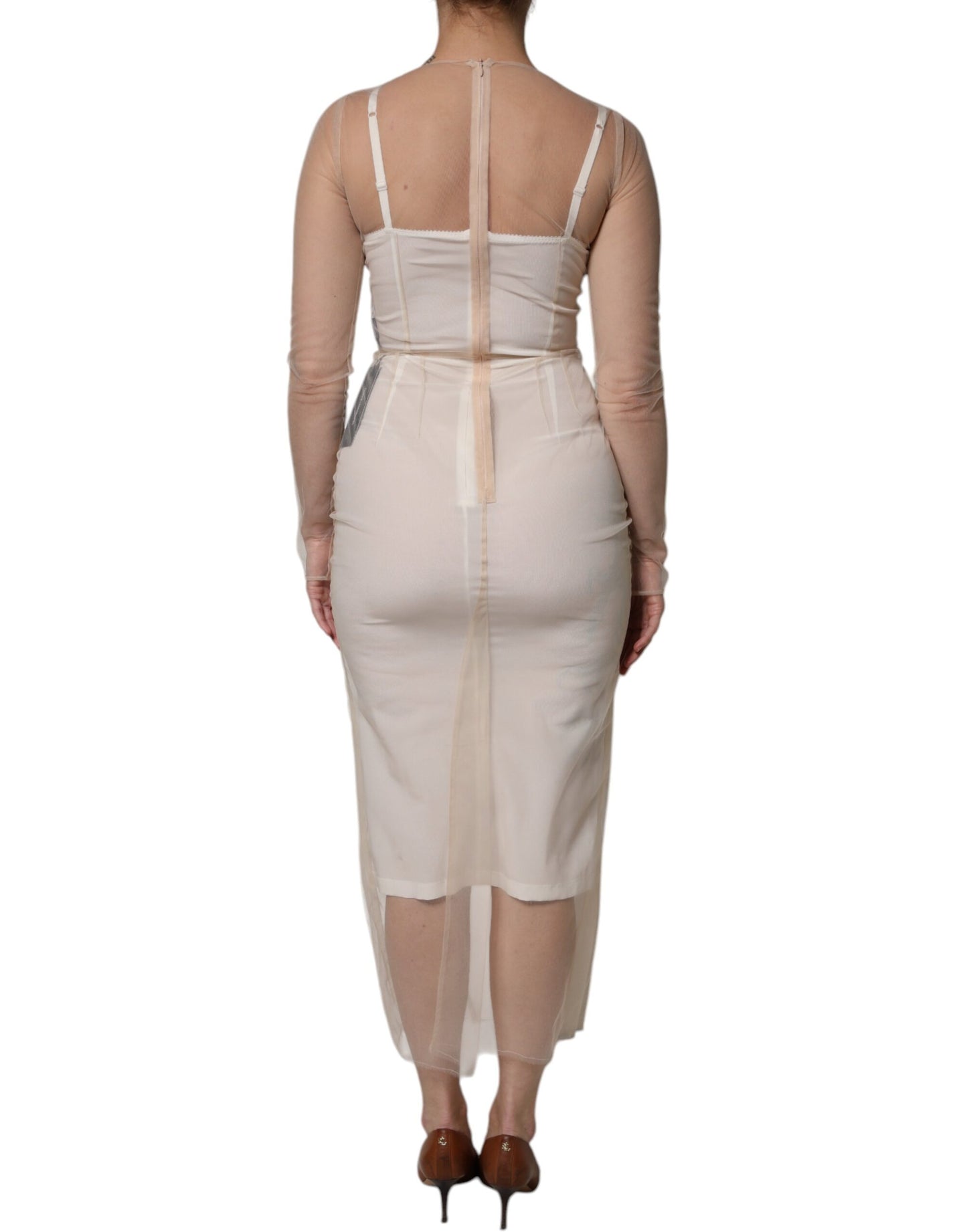 White Sheer Tulle Bustier Bodycon Midi Dress-Dolce & Gabbana-LabelTerrace.com