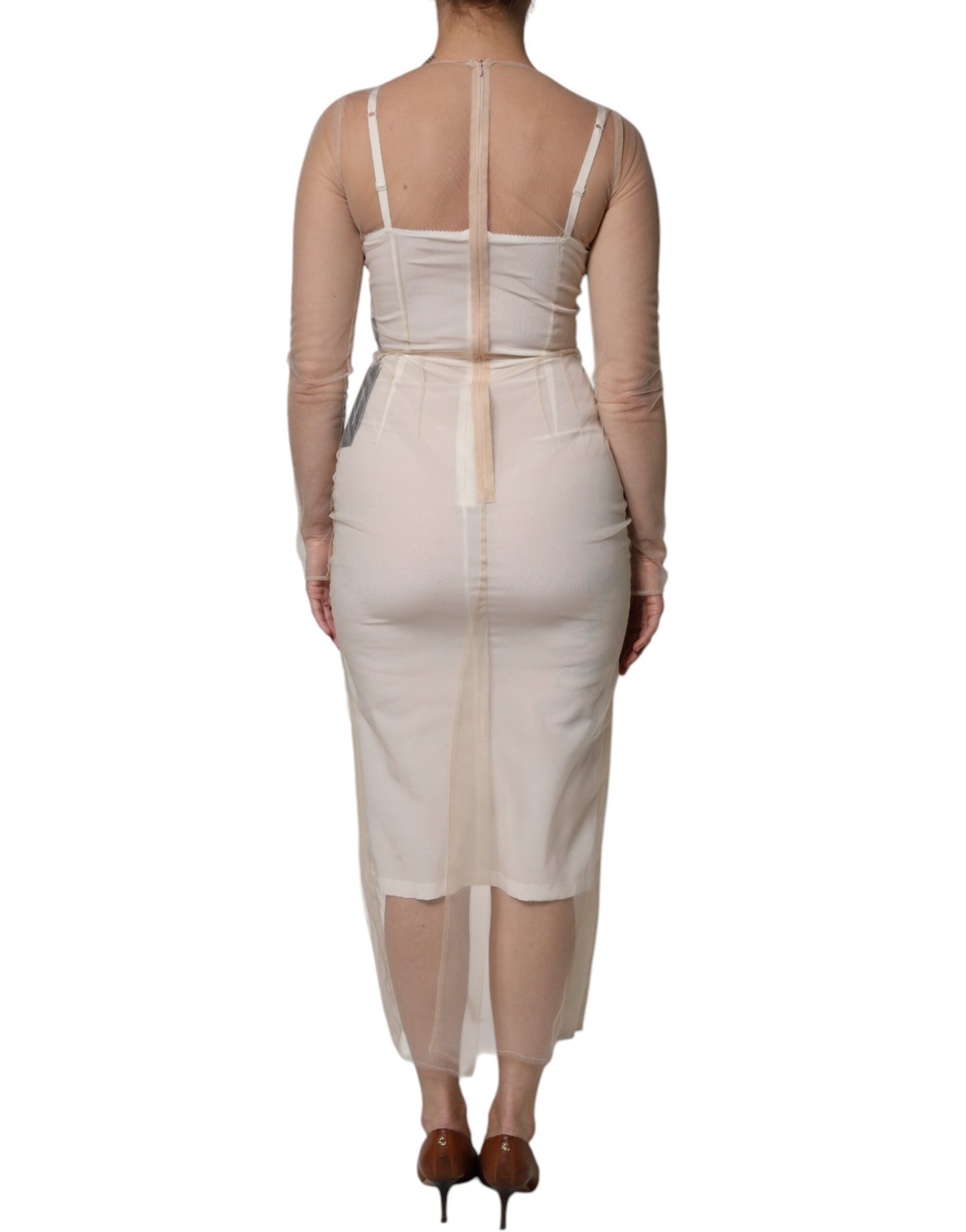 White Sheer Tulle Bustier Bodycon Midi Dress-Dolce & Gabbana-LabelTerrace.com
