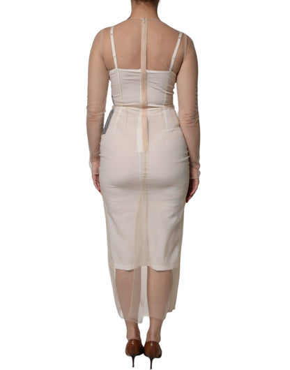 White Sheer Tulle Bustier Bodycon Midi Dress-Dolce & Gabbana-LabelTerrace.com
