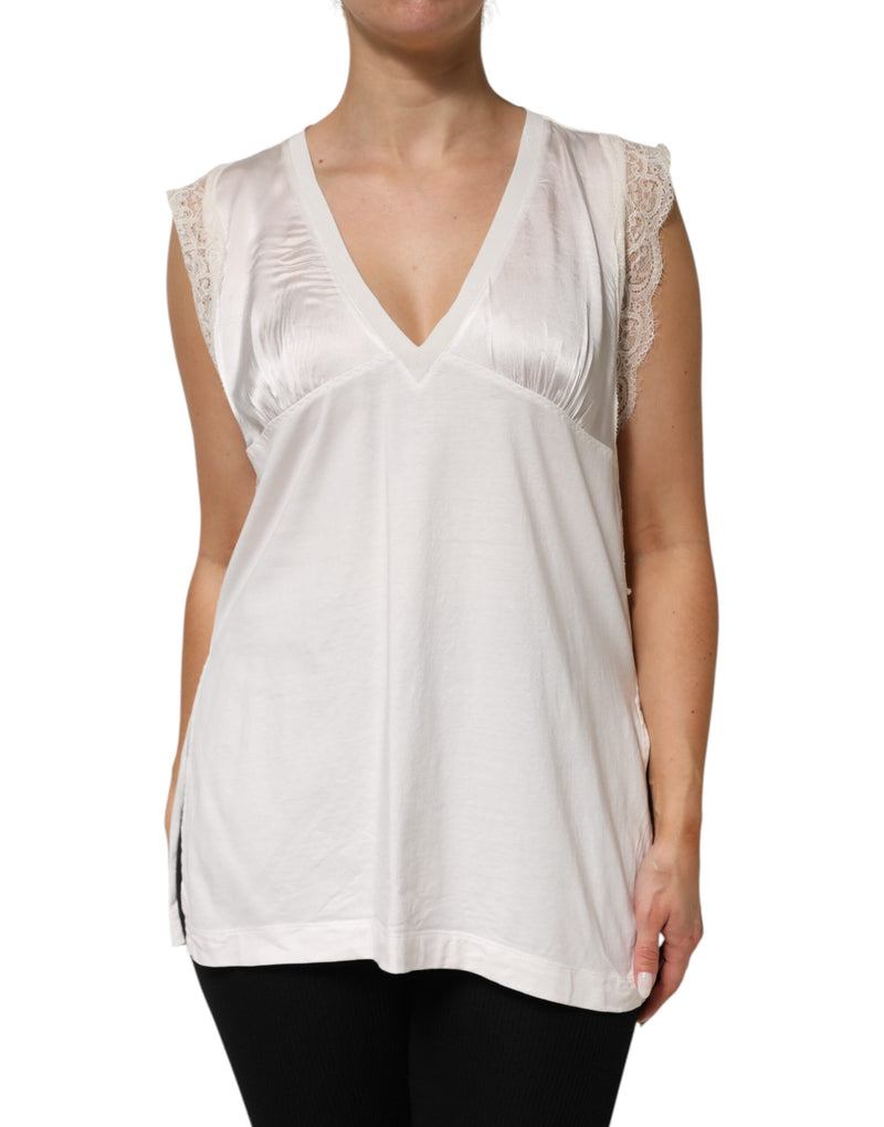 White Silk Blend Lace Trim Sleeveless V-Neck Women’s Top-PINKO-LabelTerrace.com
