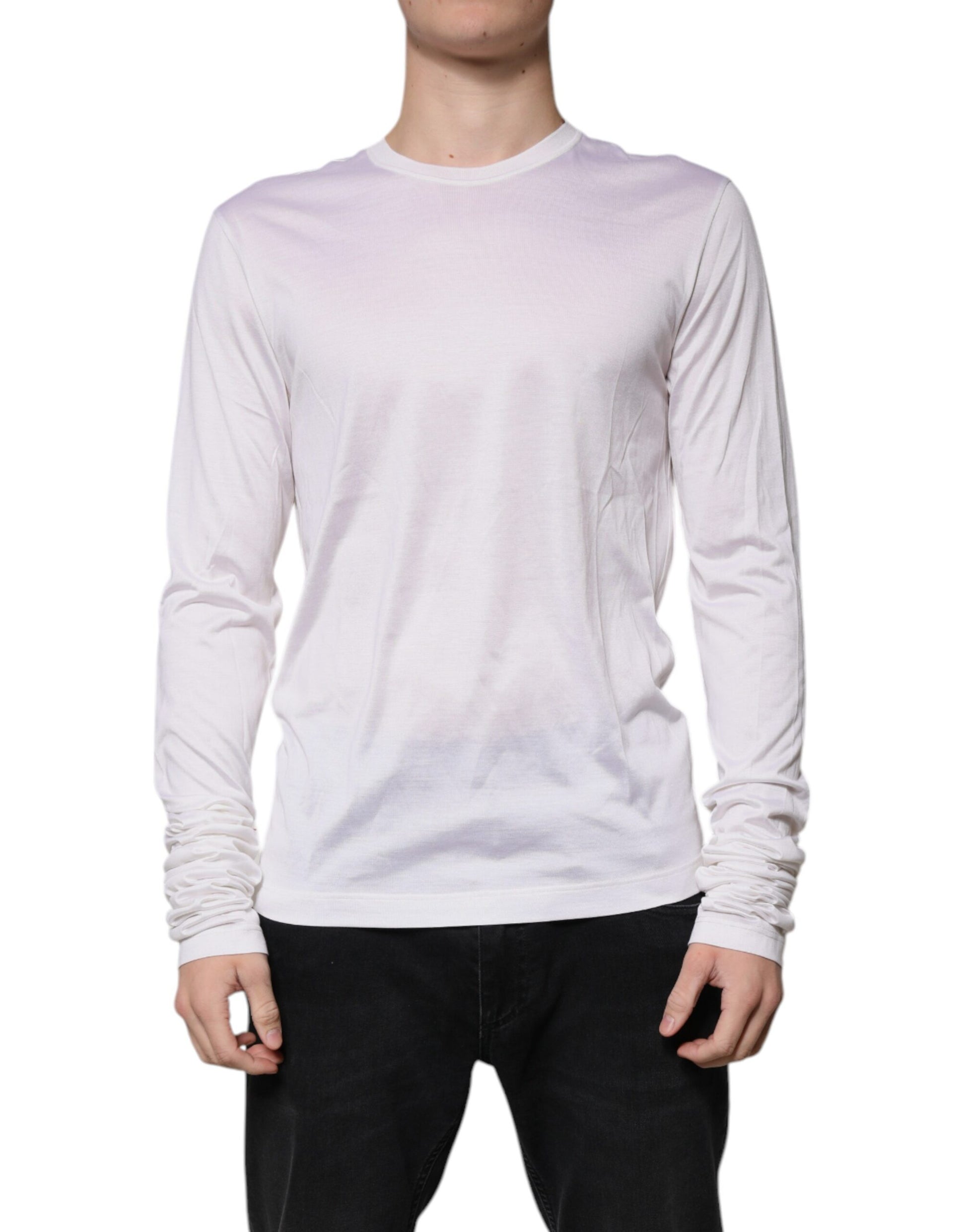 White Silk Crew Neck Men Pullover Sweater-Dolce & Gabbana-LabelTerrace.com