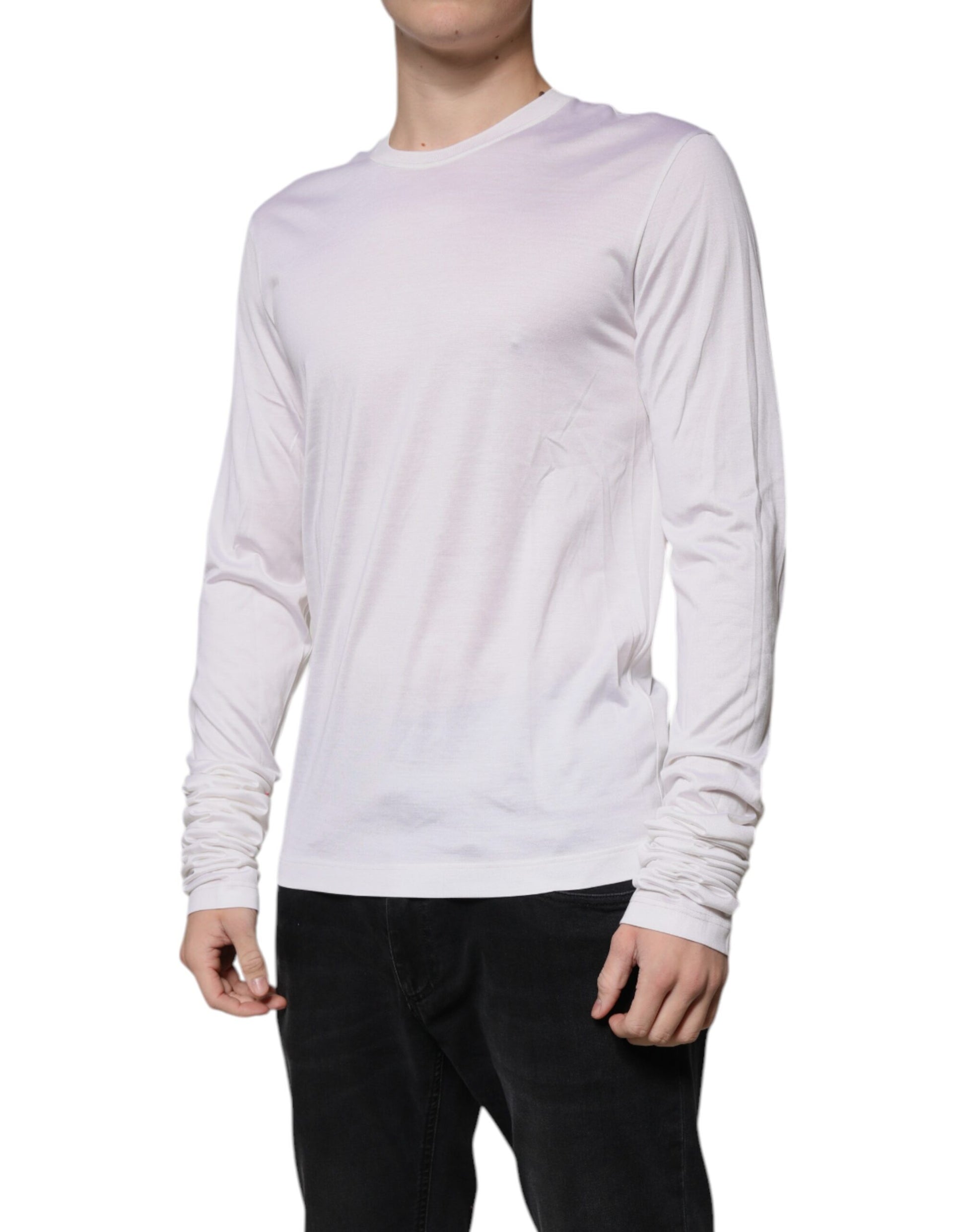 White Silk Crew Neck Men Pullover Sweater-Dolce & Gabbana-LabelTerrace.com