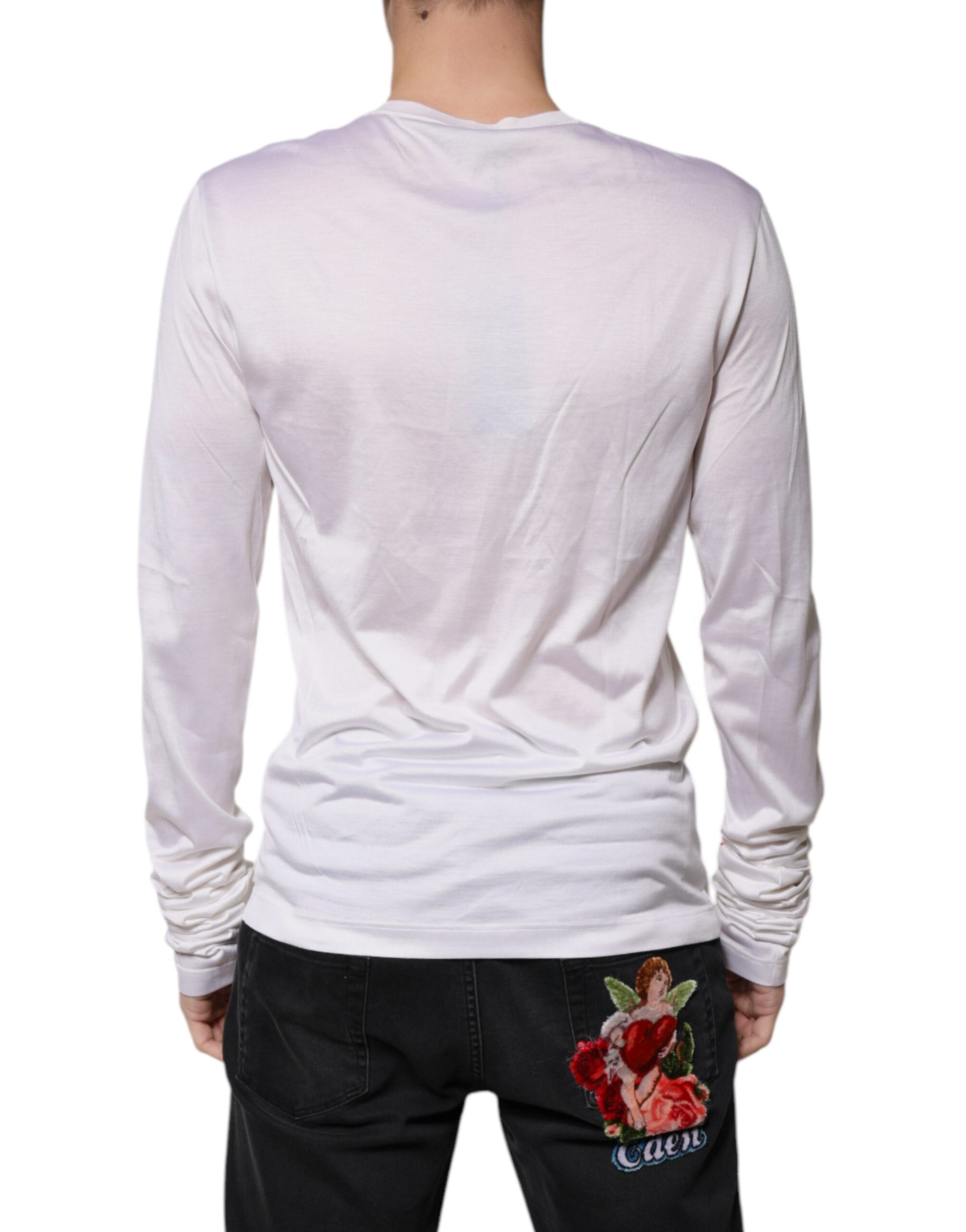 White Silk Crew Neck Men Pullover Sweater-Dolce & Gabbana-LabelTerrace.com
