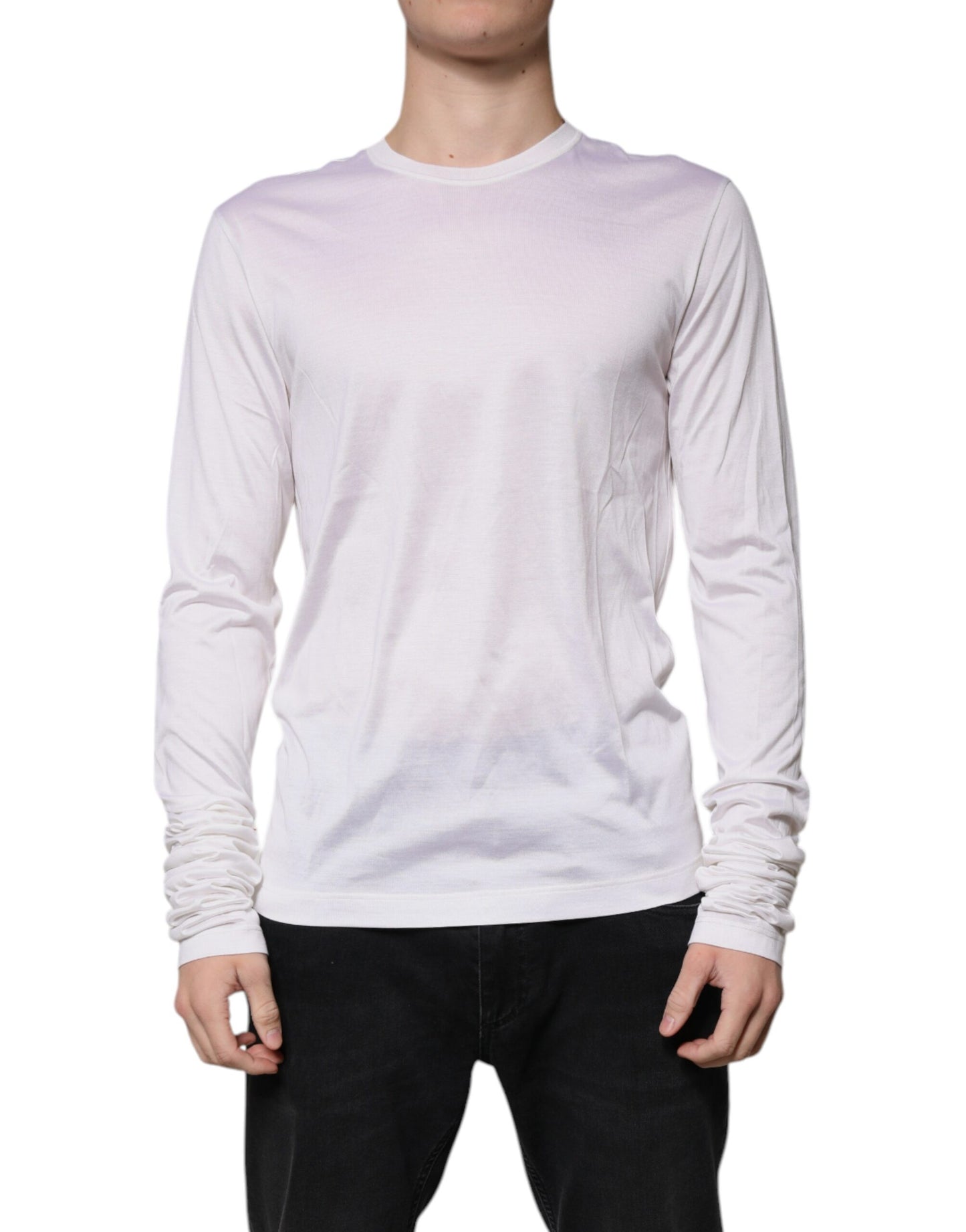 White Silk Crew Neck Men Pullover Sweater-Dolce & Gabbana-LabelTerrace.com