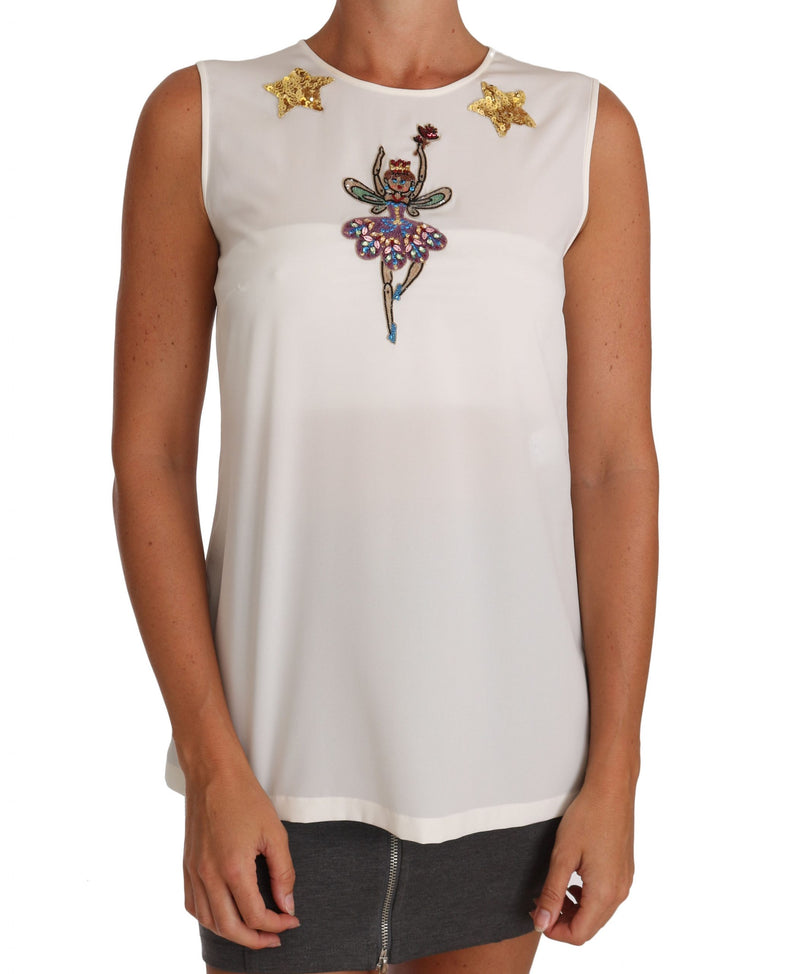 White Silk Embellished Crystal Sequin Fairy Top-Dolce & Gabbana-LabelTerrace.com