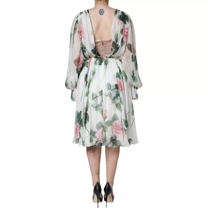 White Silk Floral Print A-line Midi Dress-Dolce & Gabbana-LabelTerrace.com