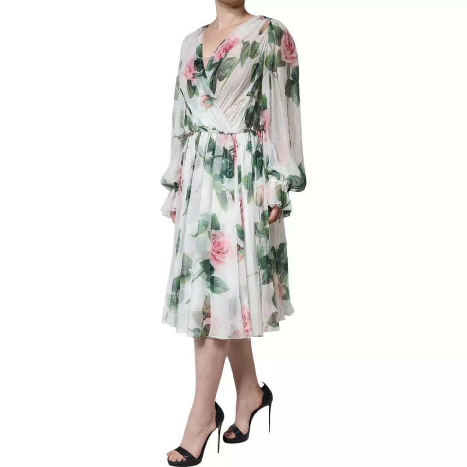 White Silk Floral Print A-line Midi Dress-Dolce & Gabbana-LabelTerrace.com