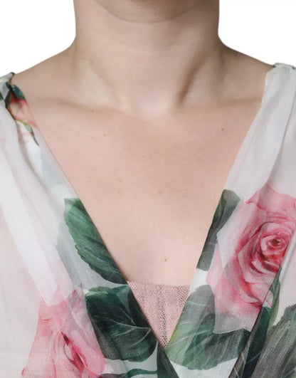 White Silk Floral Print A-line Midi Dress-Dolce & Gabbana-LabelTerrace.com
