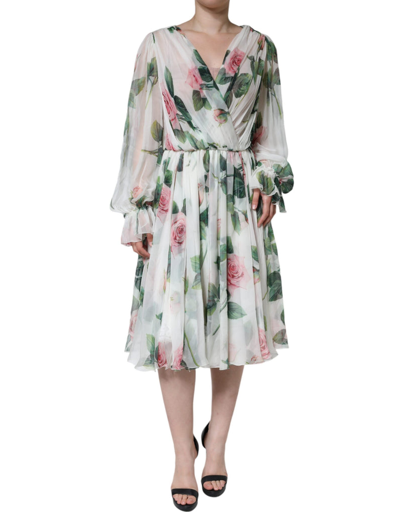 White Silk Floral Print A-line Midi Dress-Dolce & Gabbana-LabelTerrace.com