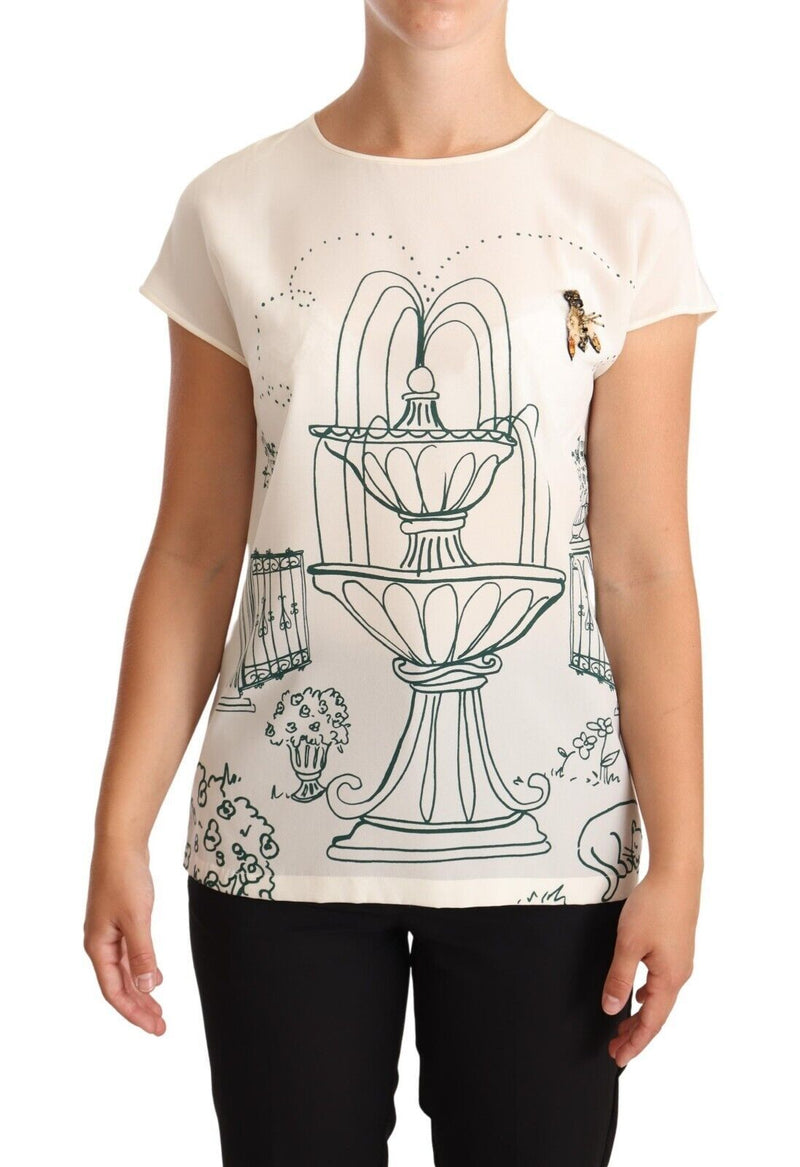 White Silk Garden Fountain T-Shirt Blouse-Dolce & Gabbana-LabelTerrace.com