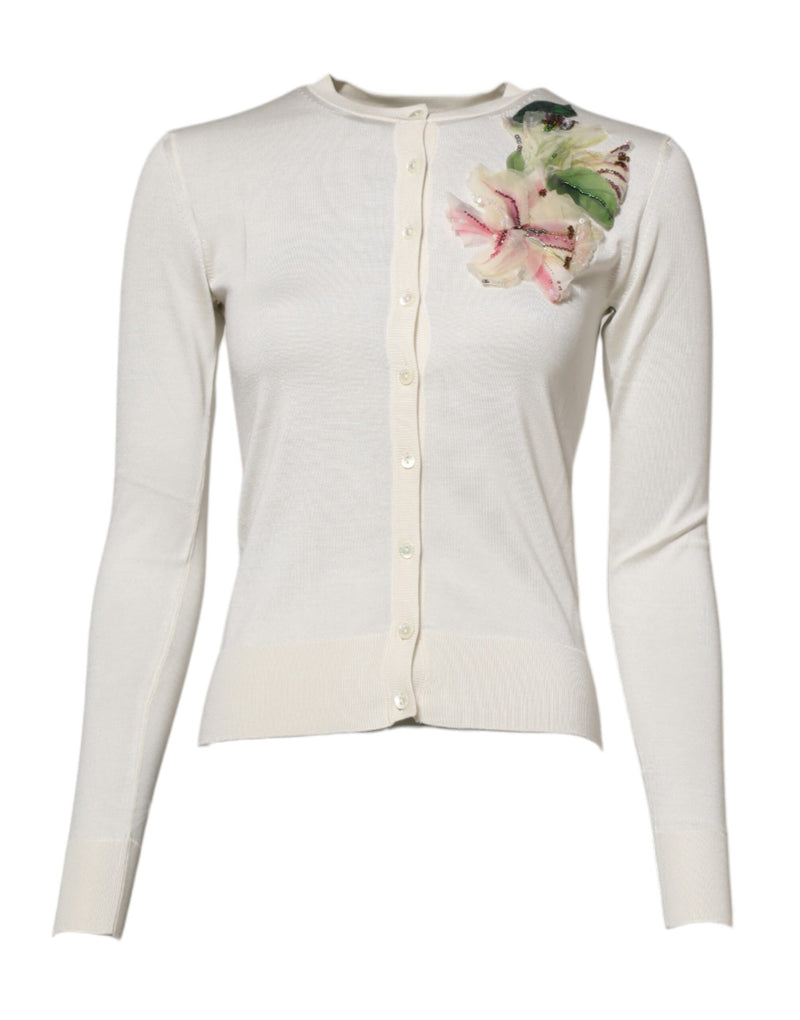 White Silk Lily Embellished Cardigan Sweater-Dolce & Gabbana-LabelTerrace.com