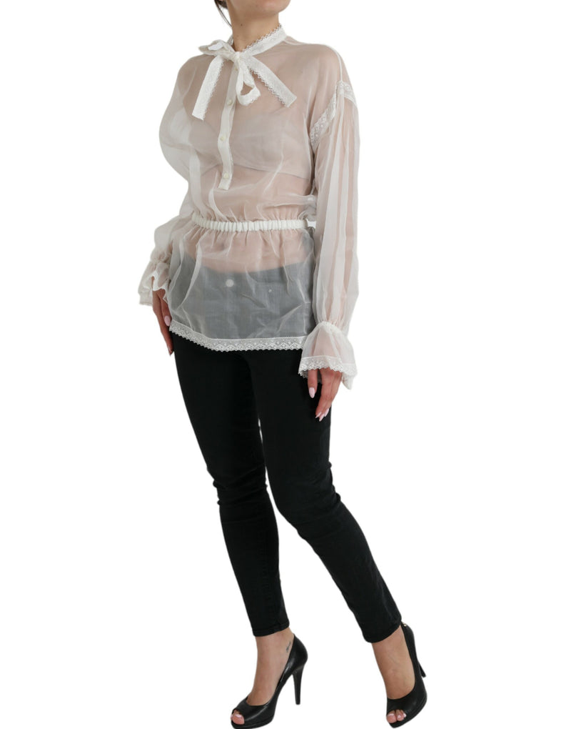 White Silk Long Sleeves Ascot Collar Top-Dolce & Gabbana-LabelTerrace.com