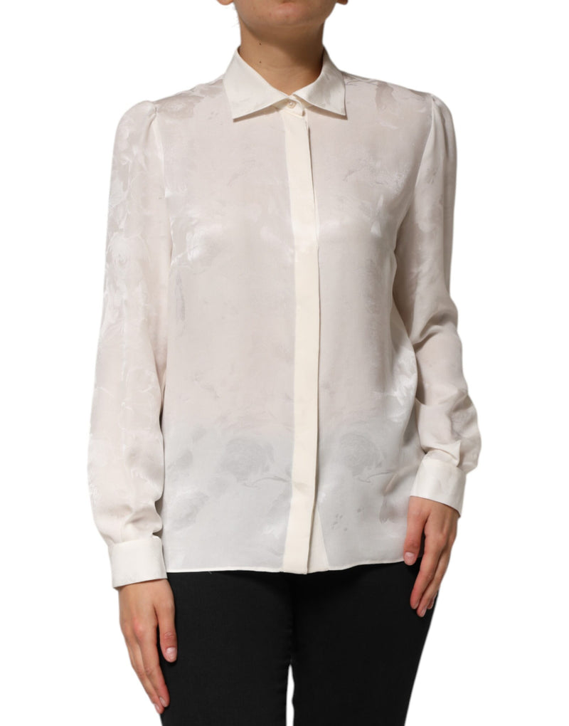 White Silk Long Sleeves Collared Shirt Top-Dolce & Gabbana-LabelTerrace.com