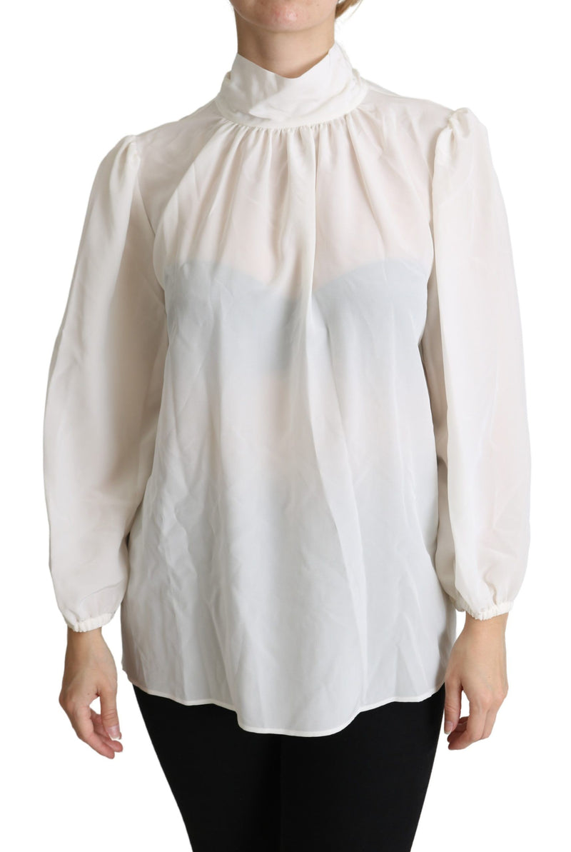 White Silk Pussy Bow Long Sleeved Top Blouse-Dolce & Gabbana-LabelTerrace.com