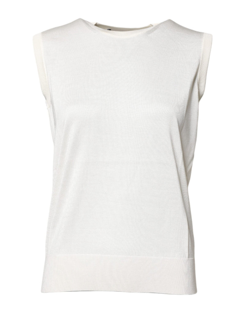 White Silk Round Neck Sleeveless Tank Top-Dolce & Gabbana-LabelTerrace.com