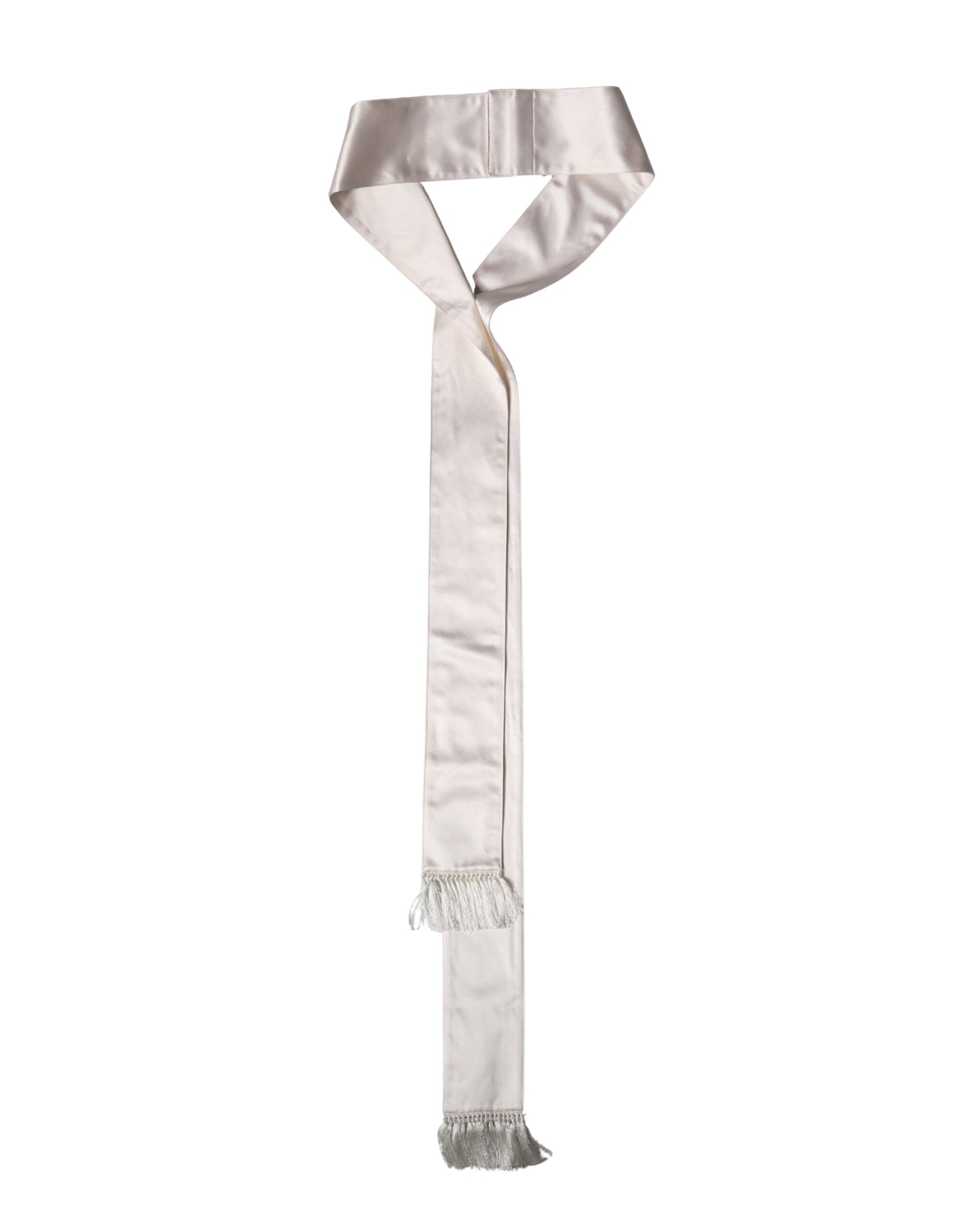 White Silk Satin Fringes Foulard 282cm x 10cm Men Scarf