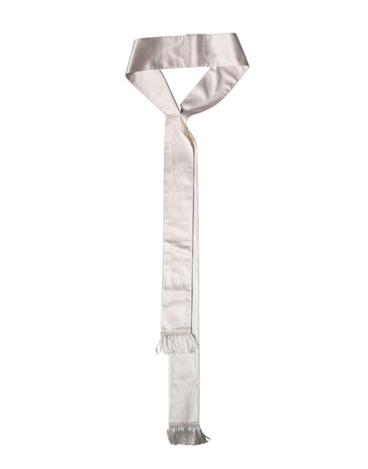 White Silk Satin Fringes Foulard 282cm x 10cm Men Scarf