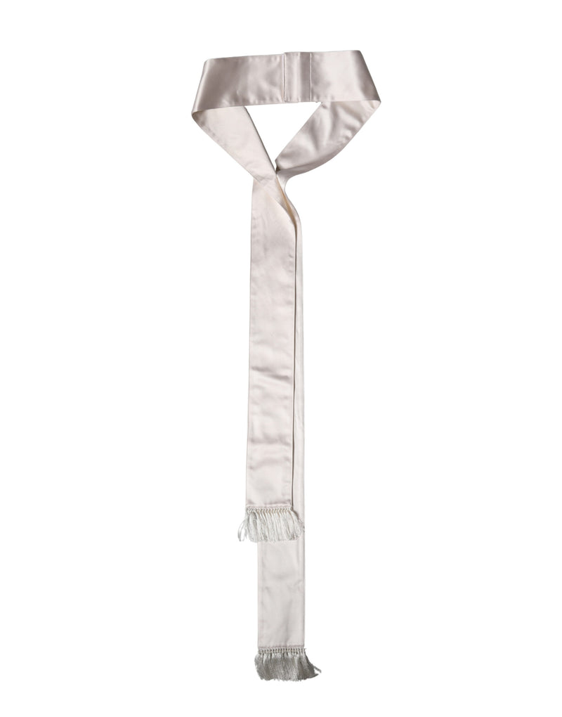 White Silk Satin Fringes Foulard 282cm x 10cm Men Scarf