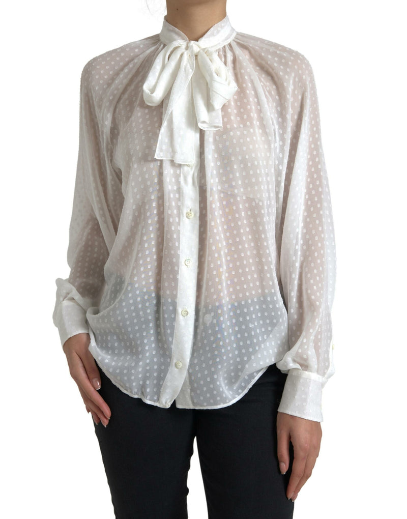 White Silk Sheer Tied Neck Polka Dots Blouse-Dolce & Gabbana-LabelTerrace.com