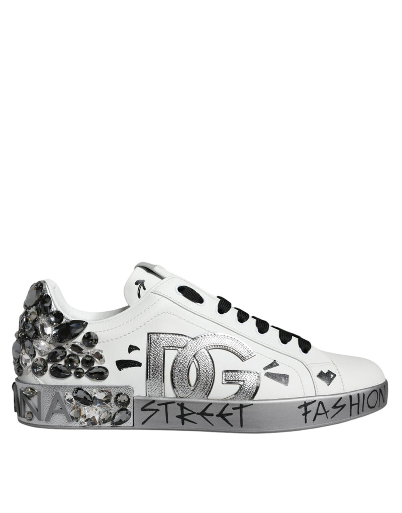 White Silver Crystal Logo Portofino Sneakers Shoes-Dolce & Gabbana-LabelTerrace.com