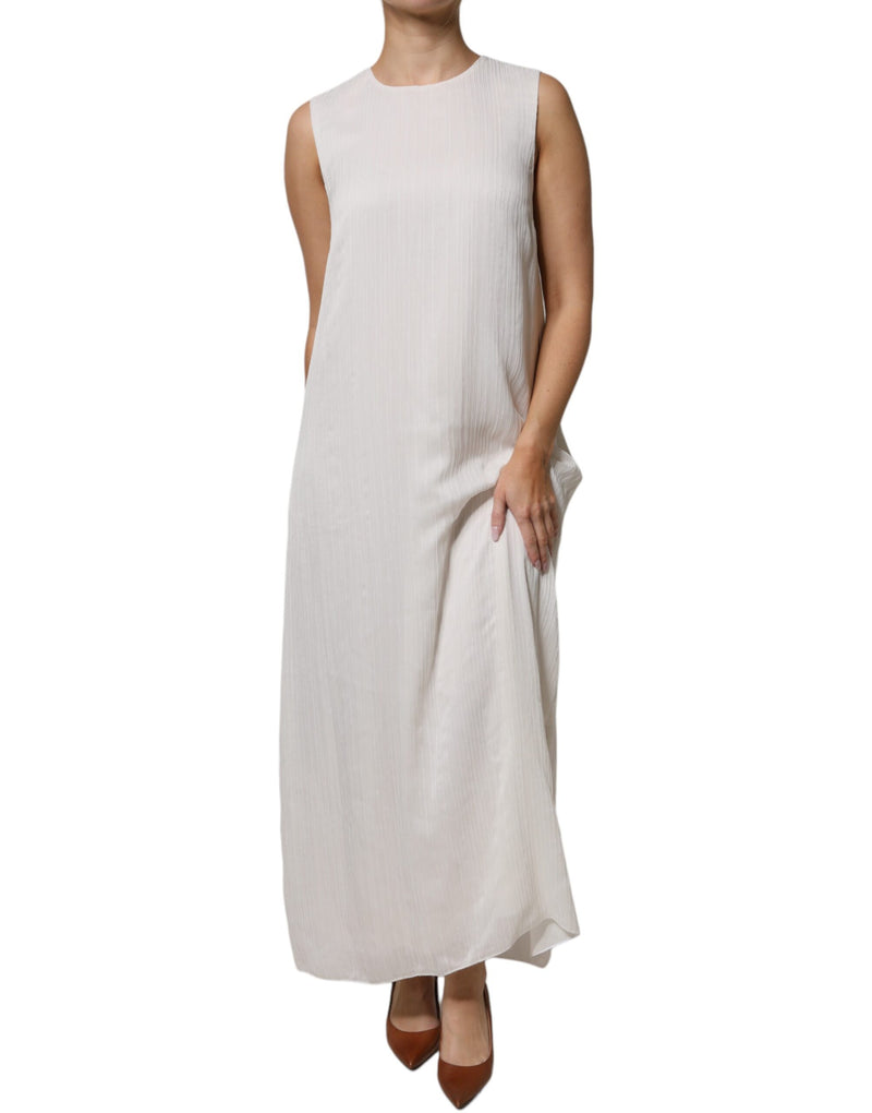 White Sleeveless Round Neck Shift Long Maxi Dress-Peserico-LabelTerrace.com