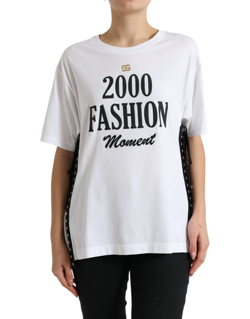 White Slogan Print Lacing Detailed T-shirt-Dolce & Gabbana-LabelTerrace.com