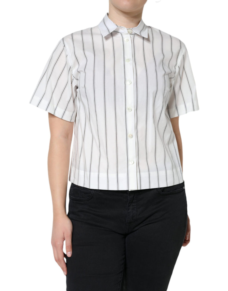 White Striped Collared Short Sleeve Polo Top-Dolce & Gabbana-LabelTerrace.com