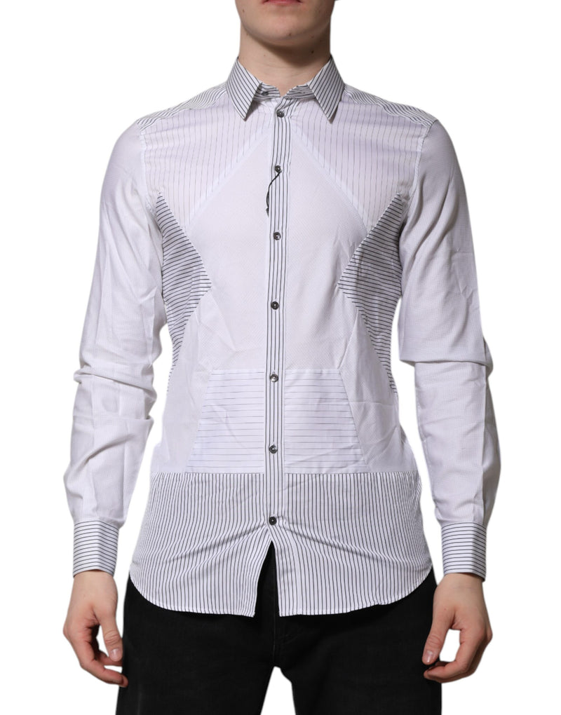 White Striped GOLD Long Sleeves Dress Shirt-Dolce & Gabbana-LabelTerrace.com