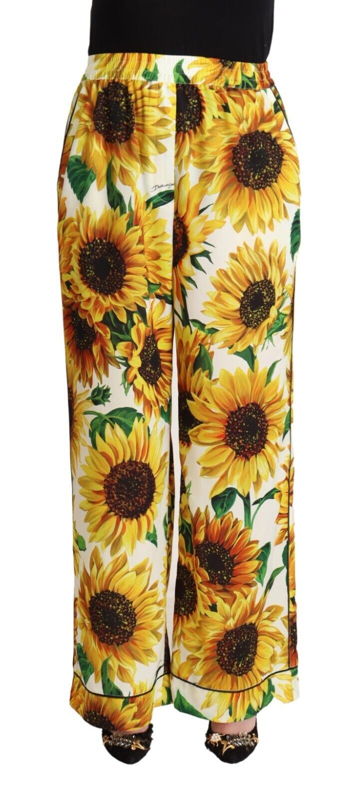 White Sunflower Print Mid Waist Wide Leg Pants-Dolce & Gabbana-LabelTerrace.com
