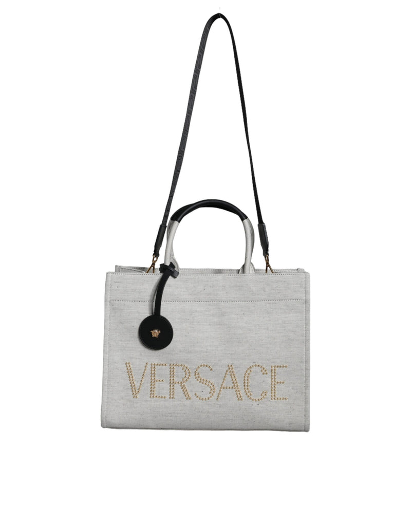 White Top Handle Canvas Leather Logo Crossbody Tote Bag-Versace-LabelTerrace.com