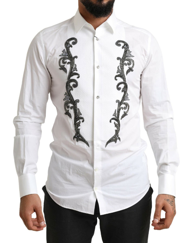 White Tuxedo Slim Fit Baroque Shirt-Dolce & Gabbana-LabelTerrace.com