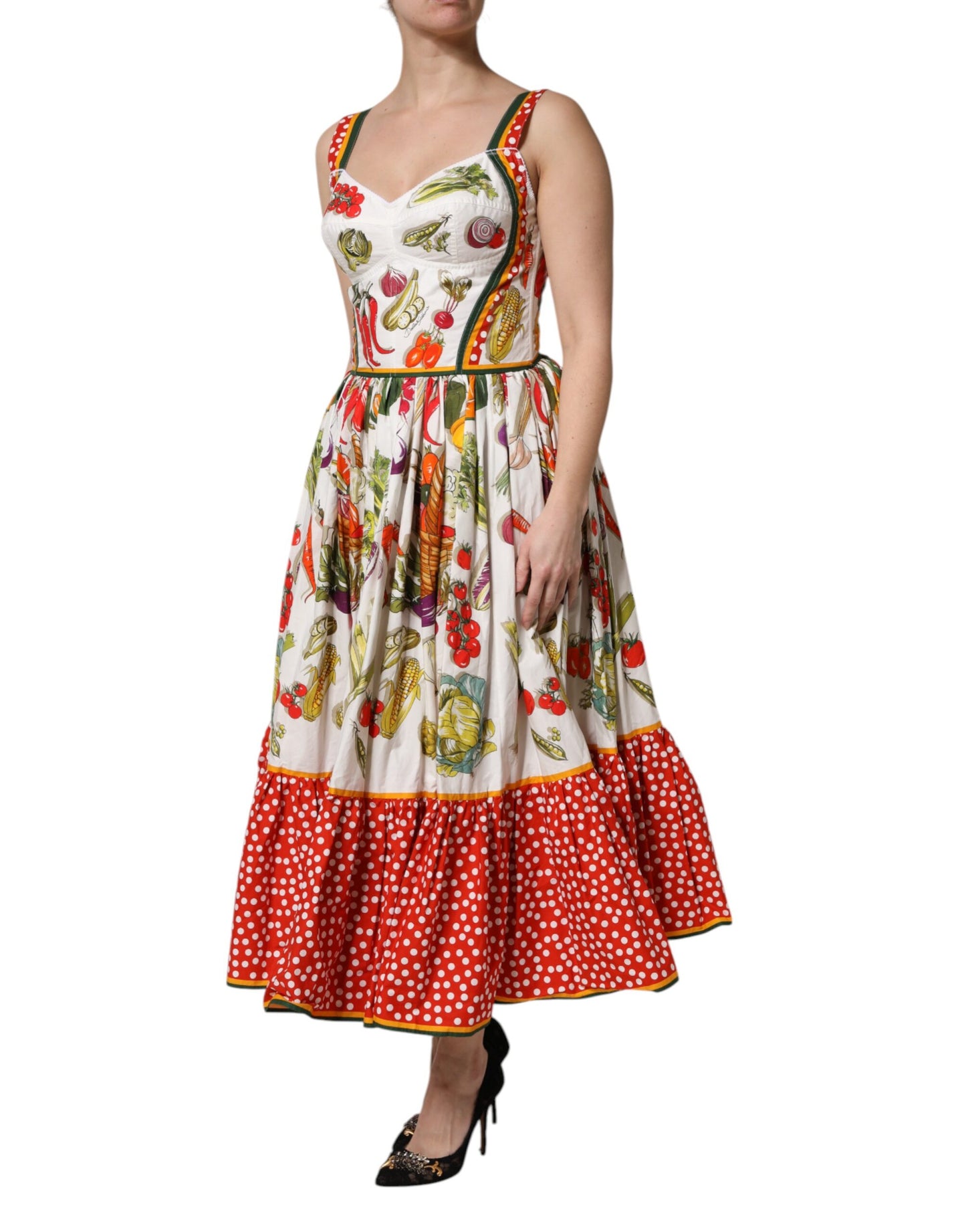 White Vegetables Sleeveless A-line Midi Dress-Dolce & Gabbana-LabelTerrace.com