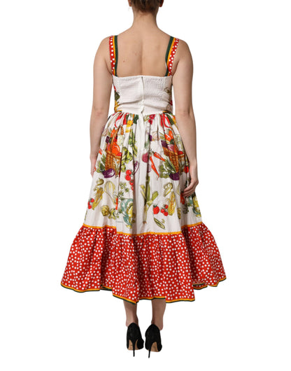 White Vegetables Sleeveless A-line Midi Dress-Dolce & Gabbana-LabelTerrace.com