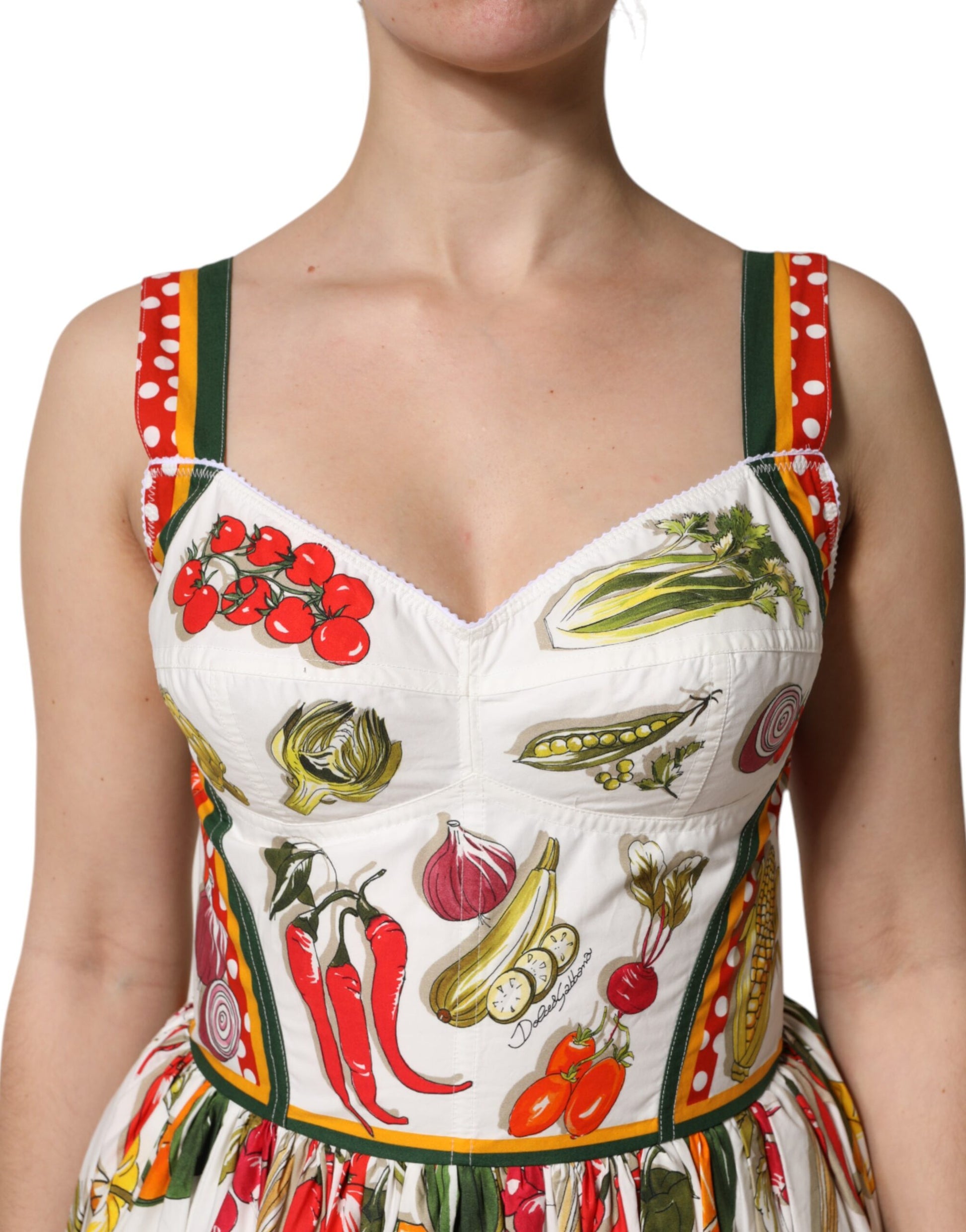 White Vegetables Sleeveless A-line Midi Dress-Dolce & Gabbana-LabelTerrace.com
