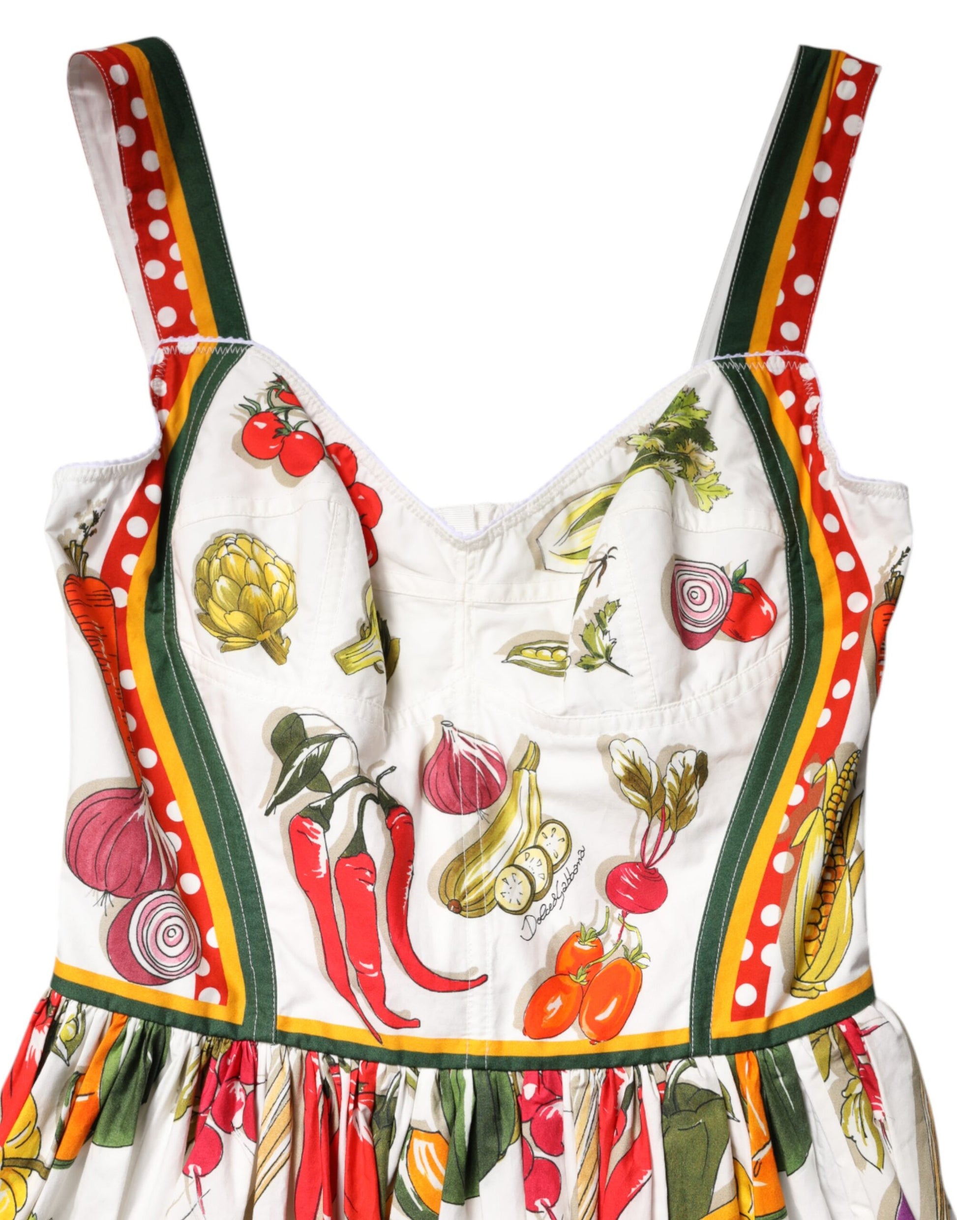 White Vegetables Sleeveless A-line Midi Dress-Dolce & Gabbana-LabelTerrace.com
